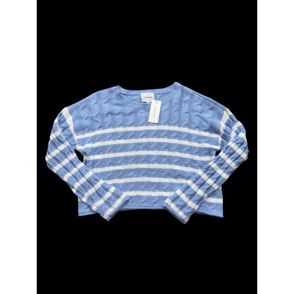 Pink Rose Juniors Sweater Size M With White And Blue Stripes